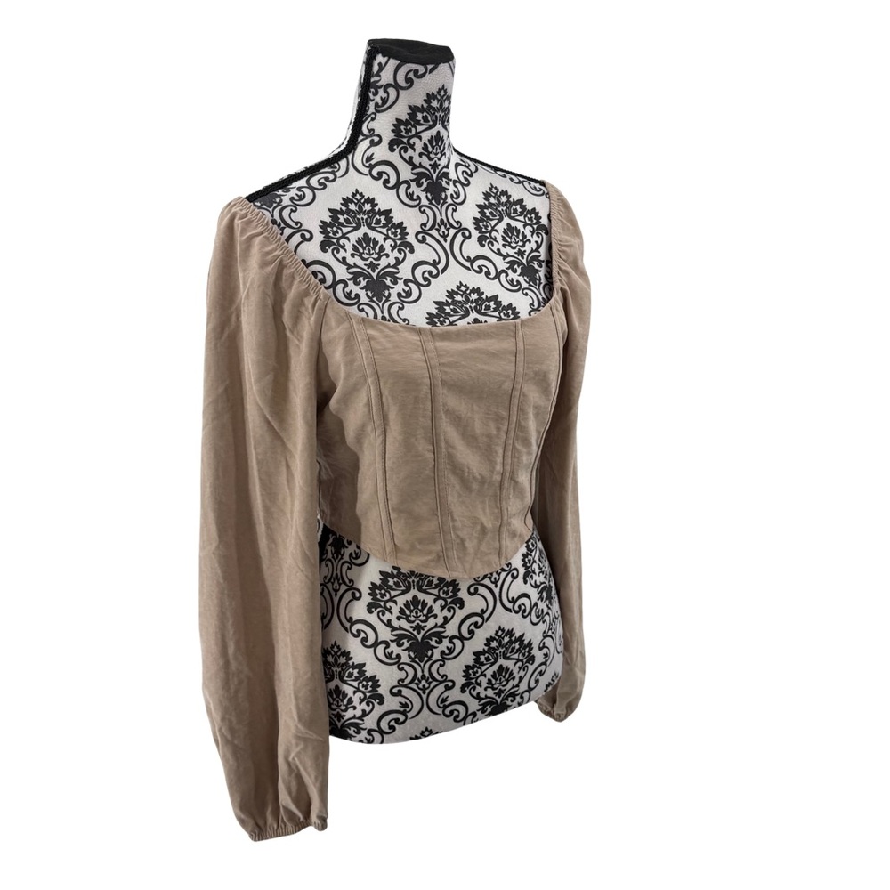 Kirious Los Angeles Beige Long Sleeve Corset Top Smocked Back Puff Sleeve - Picture 4 of 10